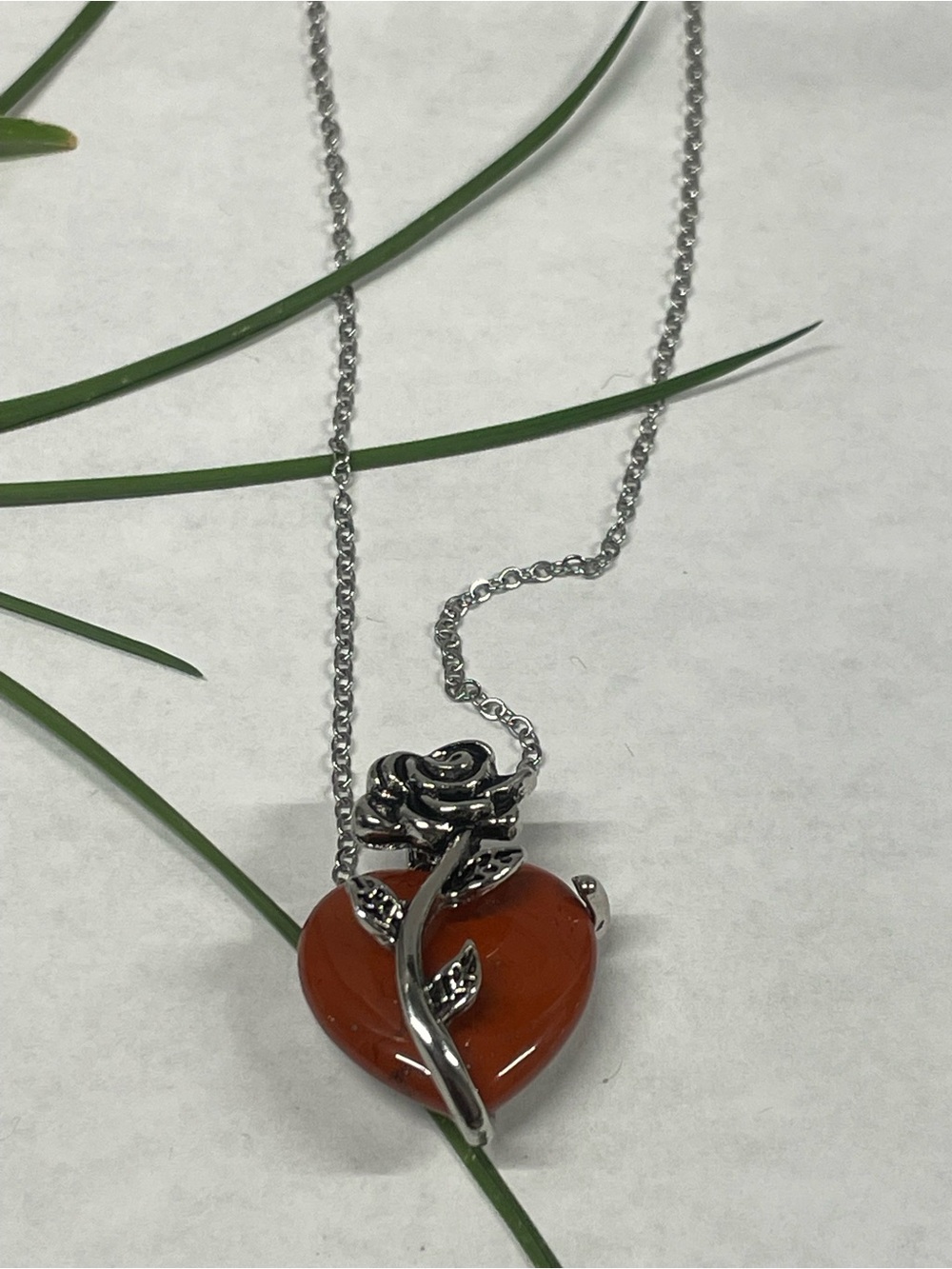 Silver Rose Vine Necklace with Orange Heart Glass Pendant